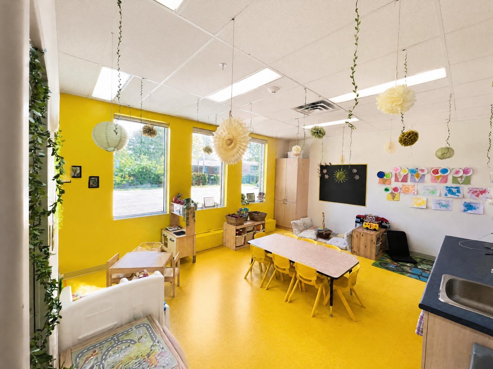 Salle jaune lumineuse avec table et chaises jaunes