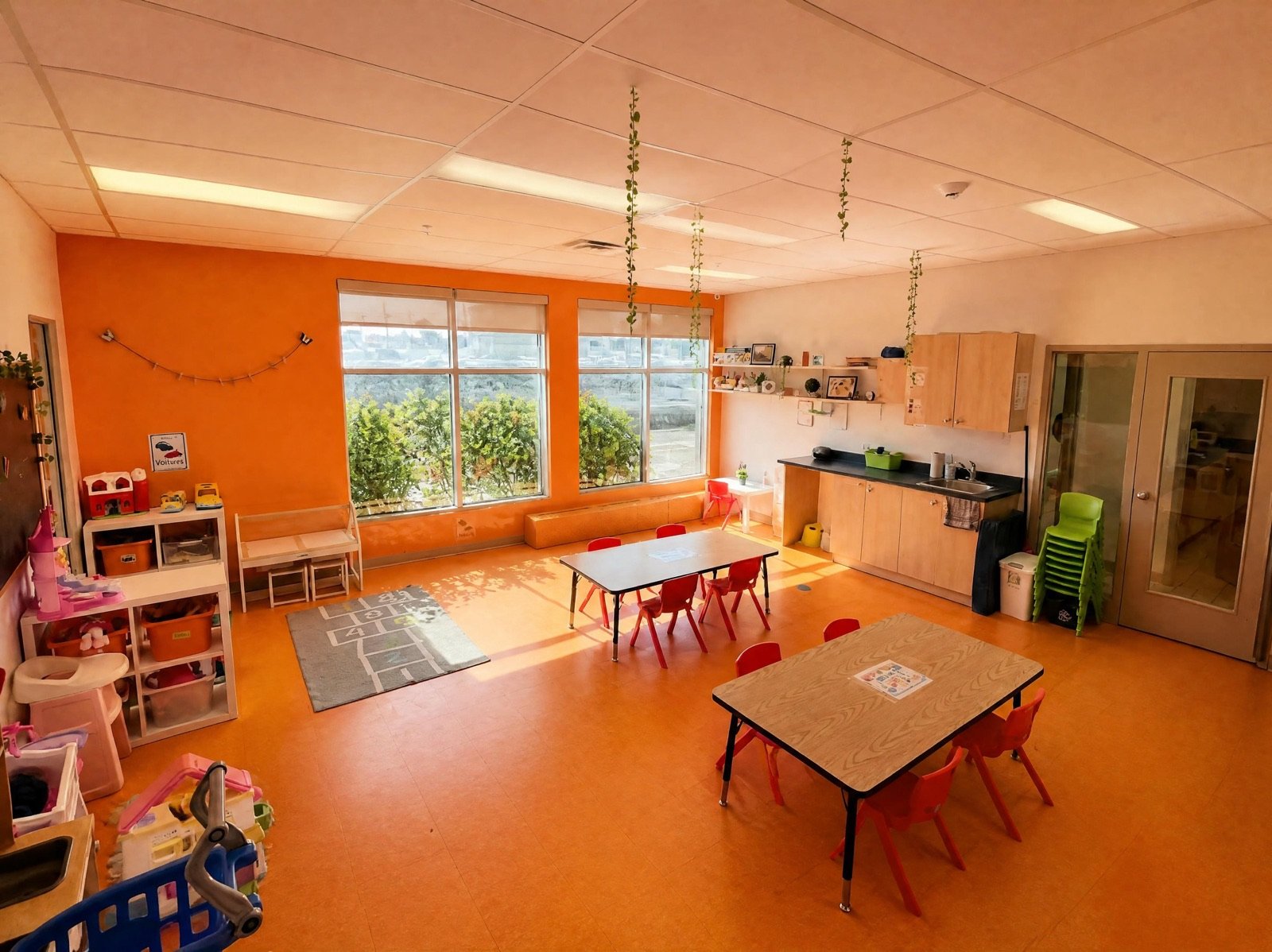 Salle orange ensoleillée avec tables et chaises rouges